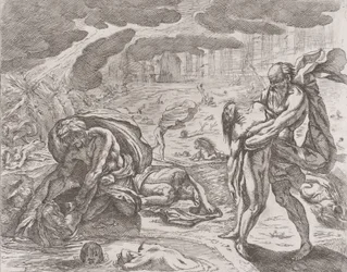 O dilúvio, figuras sendo retiradas da água, ca. 1640-42.