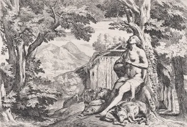 O filho pródigo entre os suínos, de uma série de quatro gravuras, ca. 1645.