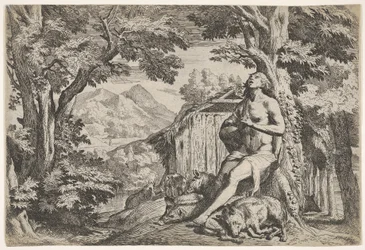 O filho pródigo sentado na base de uma árvore entre os porcos, seu olhar voltado para cima..., ca. 1640-50.
