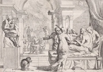 O filho pródigo sentado em um sofá sendo servido vinho, foliões ao fundo, um mo..., ca. 1645.