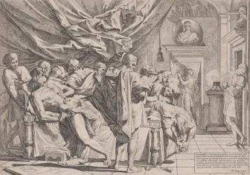 O suicídio do filósofo Catão, que jaz na cama a arrancar as próprias entranhas, observado por b..., 1648