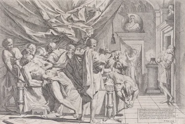 O suicídio do filósofo Catão, que jaz na cama a arrancar as próprias entranhas, observado por b..., 1648