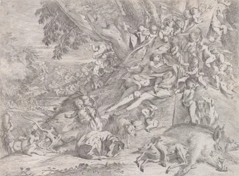 Vênus e Adonis, cercados por muitos putti, reclinados após a caçada, com um javali morto ..., 1631-37.