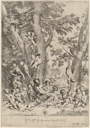 Jovem, cercada de cupidos (O Jardim da Caridade, versão vertical)