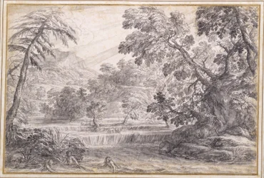 A Wooded River Landscape, c.1650 (giz preto, pincel e tinta cinza com lavagem cinza no papel)