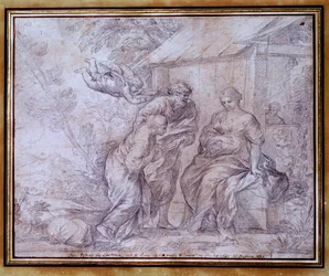 O regresso de Agar, a escrava egípcia de Sara, mulher de Abraão. Século XVII. Dimensões 0,27 x 0,33 m. Museu do Louvre