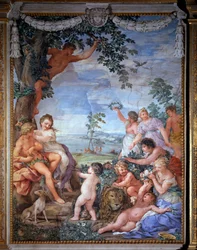 Alegoria das quatro idades, a idade de ouro Fresco por Pietro da Cortona (Pedra de Cortona) (1596-1669) 1637 Salle du Poele (Sala do Fogão), Galeria Palatino, Palazzo Pitti, Florença