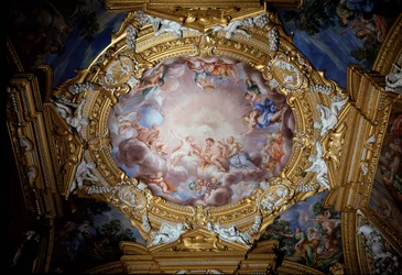 Cosimo I de Medicis (Cosimo I da Toscana) (1519-1574) Guia através da Glória e da Virtude perante Apolo (Cosimo I de Medici, Grão-Duque da Toscana liderado em frente a Apolo pela Glória e virtude) Fresco por Pietro da Cortona (Berrettini) (1596-1669) Flore