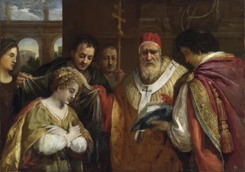 Flávia Domitilla ou Santa Domitilla (falecida depois de 95) recebendo o véu do Papa Clemente I (São Clemente de Roma, falecido por volta de 99) - Santa Domitilla recebendo o véu do Papa Clemente I - Cortona, Pietro da (1596-1669) - Óleo sobre tela - 123x17