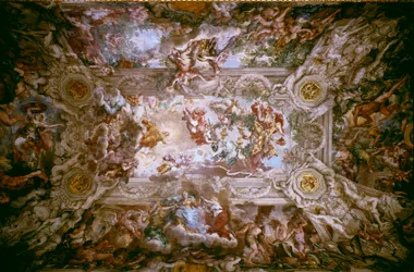 A glória dos Barberini: "O Triunfo da Divina Providência" Alegoria da Providência e Poder Divino da Família Barberini (Papa Urbano VIII). Fresco por Pedra de Cortona (Pietro Berrettini dit Pietro da Cortona (1596-1669) decorando o teto do Barb