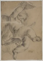 Voando putto levantando uma cortina