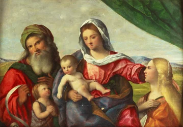 A Madona e o Menino com o Menino São João Batista, Santa Catarina e São Zacarias numa paisagem (óleo sobre tela)