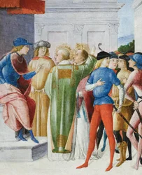 Dois santos professam a sua fé cristã num julgamento, c.1485-90 (têmpera sobre painel)