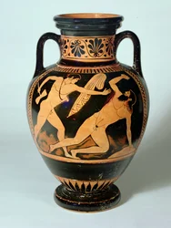 Ânfora de pescoço de figuras vermelhas representando Teseu prestes a matar Procusto, 480-470 aC (argila)