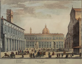 Itália, Bolonha, Piazza Maggiore ou Piazza Grande, de Pio Panfili, gravura