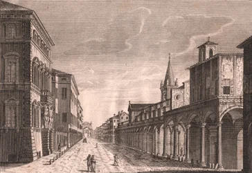 Vista da Strada Maggiore em Bolonha, Emília-Romanha, Itália, gravura em cobre de C Lambertini segundo um desenho de Pio Panfili (1723-1812), cerca de 13,5x19 cm
