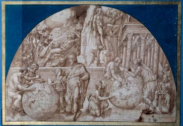 Alegoria astronómica. Os cientistas estão a fazer medições nos globos terrestres. Desenho com tinta castanha de Pirro Ligorio (cerca de 1500-1583) Paris do século XVI, Museu do Louvre