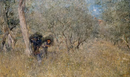 Entre oliveiras, fascina, de Plinio Nomellini (1866-1943), óleo sobre tela, 60x100 cm