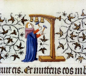 Um monge que toca os sinos. Miniatura flamenga de Pol De Limburg (século XV) do manuscrito "As horas muito ricas do duque de bagas".