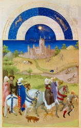 Agosto: Senhores caminhando pelos campos enquanto os camponeses cuidam da colheita e se banham. No fundo: o castelo de Etampes. Miniatura em "The very rich hours of the Duke of Berry" de Pol De Limburg (século XV). Chantilly, Musee Conde