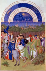 Cortejo de nobres e músicos a cavalo, vista do Palácio Ducal de Riom (?) e o mês de Maio. Miniatura flamenga de Pol De Limburg (século XV) do manuscrito "As riquíssimas horas do Duque de Berry".