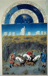 Dezembro: cena de caça. Na vista de fundo da miniatura flamenga Vincennes de Pol De Limburg (século XV) do manuscrito "The very rich hours of the Duke of Berry".