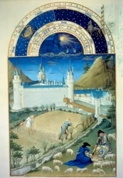 Julho: "Le chateau de Poitiers, scene of harvest and shear" miniatura flamenga de Pol De Limburg (século XV) do manuscrito "The very rich hours of the Duke of Berry".