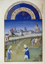 Junho: feno. Nos fundos, o palácio da Capela Sagrada Miniatura Flamenga de Pol De Limburg (século XV) do manuscrito "As horas muito ricas do Duque de Baga".