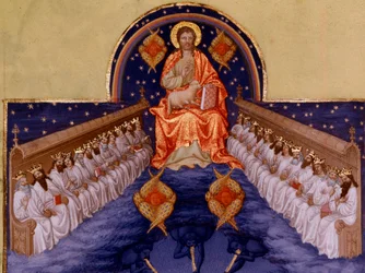 São João a Patmos. "Miniatura em "As horas muito ricas do Duque de Berry" de Pol De Limburg (século XV). Chantilly, Musee Conde