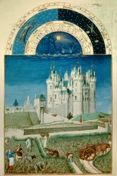 Setembro: colheita. No fundo o castelo de Saumur Miniatura Flamenga de Pol De Limburg (século XV) do manuscrito "The very rich hours of the Duke of Berry".