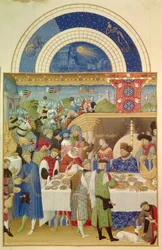 O Duque de Berry tem mesa e o mês de Janeiro. Miniatura flamenga de Pol De Limburg (século XV) do manuscrito "As horas muito ricas do duque de bagas".