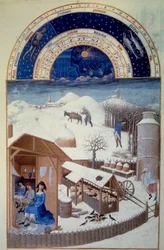 O mês de fevereiro: neve Em primeiro plano, uma fazenda com um redil, trabalho agrícola, corte de árvores - Miniatura em "The very rich hours of the Duke of Berry" de Pol De Limburg (Século XV). Chantilly, Musee Conde - Fevereiro: Snow (cena em uma fazenda
