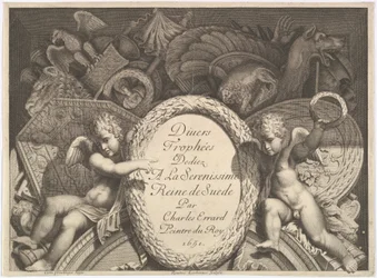 Página de título de Troféus de armas Divers Trophées após a fachada do Palazzo Milesi em Roma, 1651