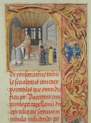 Consagração do altar pelo bispo com a ajuda de cônegos e fundadores seculares do Pontifical do bispo Erasmus Ciolek, c.1510 (têmpera e ouro em pergaminho)