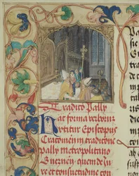Bispo de Cracóvia entregando o Pálio ao Arcebispo de Gniezno do Pontifício Dom Bosco Erasmus Ciolek c.1510 (têmpera e ouro em pergaminho)