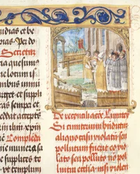 Bênção de um Cemitério Razed por um Bispo do Pontifício Bispo Erasmus Ciolek, c.1510 (têmpera e ouro em pergaminho)