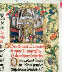 Coroação da Rainha da Polônia a partir do Pontifício do Bispo Erasmus Ciolek, c.1510 (têmpera e ouro em pergaminho)