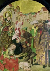 Estanislau (1030-79), observando a punição de esposas infiéis, como manda o painel do rei Boleslas II (1039-81) do Retábulo de St. Stanislas