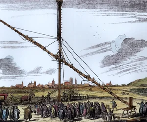 O Grande Telescópio Astronómico de Johannes Hevelius (1611-1687) ilustração de Machina Coelestis por Hevelius, Gdansk, publicado em 1670 (posterior coloração)