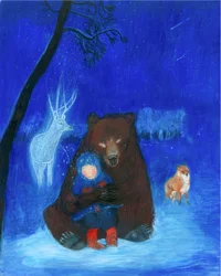 Urso castanho e criança, 2021 (aguarela e guache sobre papel)