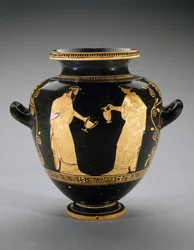 Stamnos de figura vermelha com cena de Dioniso com serva, 440-420 aC (terracota)