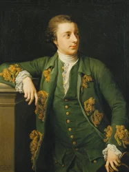 Retrato de Thomas Fortescue, MP, De pé, três quartos, vestindo um casaco verde e colete, apoiando o braço direito em um pedestal e segurando um chapéu Tricorn na mão esquerda, 1767