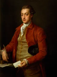 Retrato do Damer Hon. Lionel, meio comprimento em casaco vermelho com colete cinzento e Cravat branco, segurando um papel e uma pena de pena (óleo sobre tela)
