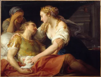 A morte de Marc Antoine, o político romano e general Marc Antoine (Marcus Antonius) (83-30 a.C.), morreu nos braços de Cleópatre. Pintura de Pompeo Batoni (1708-1787) 1760 Brest, Museu de Belas Artes
