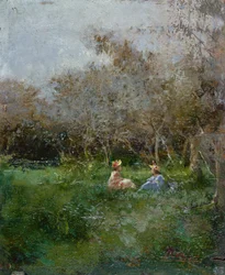 Senhoras elegantes descansando em uma paisagem arborizada (óleo no painel)