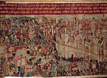 Conquete de África: "A captura de Asilah (Arzila) em Marrocos em 1471 pela frota portuguesa" Fragmento de uma tapeçaria da escola portuguesa do século XVI. Lisboa, Museu Nacional de Arte Antiga