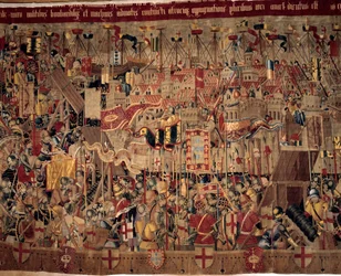 Conquete de África: "A captura de Asilah (Arzila) em Marrocos em 1471 pela frota portuguesa" Fragmento de uma tapeçaria da escola portuguesa do século XVI. Lisboa, Museu Nacional de Arte Antiga