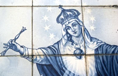 Pormenor da Virgem Maria a partir de um painel decorativo mostrando-a esmagando a Serpente, Lamego, Portugal. 1738 (azulejos de cerâmica)