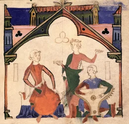 Fol.4r Músicos que tocam castanholas e um saltério, do Chansonnier des Nobles