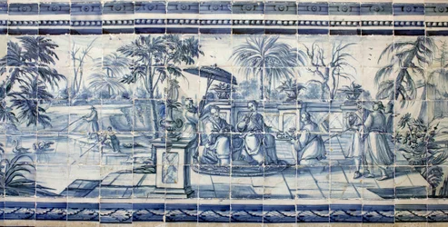 Degustação de frutas perto de um lago na Ásia - Azulejos, faiança pintada